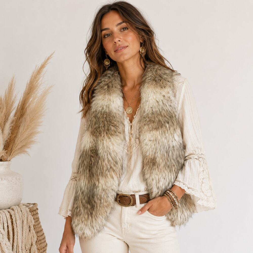 Under Skies Faux Fur Vest Womens Sz M Open Front Shaggy Boho-chic Western Earthy